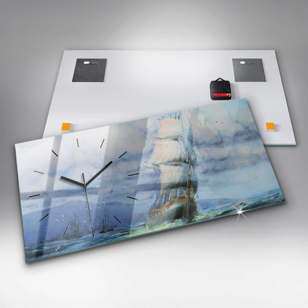 Glass wall clock rectangular A ship on the water