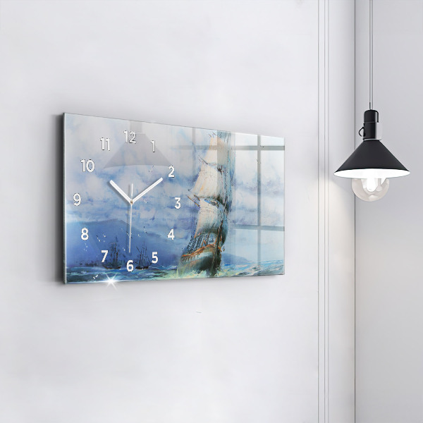 Glass wall clock rectangular A ship on the water