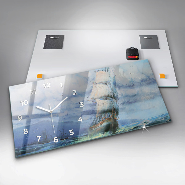 Glass wall clock rectangular A ship on the water
