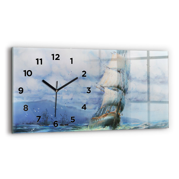 Glass wall clock rectangular A ship on the water