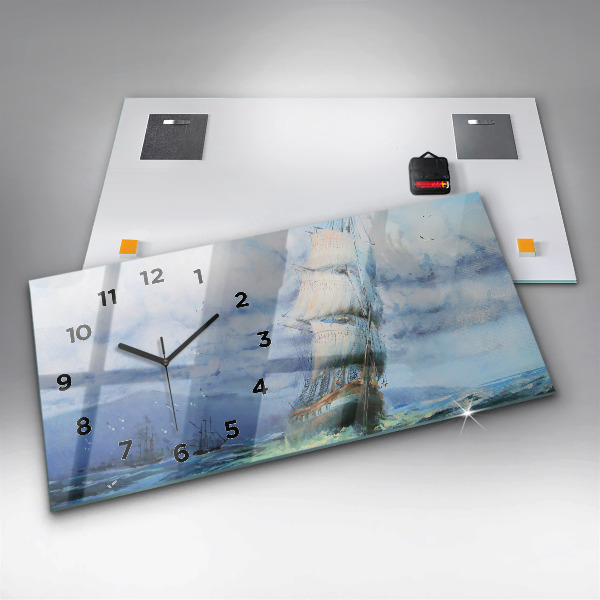Glass wall clock rectangular A ship on the water