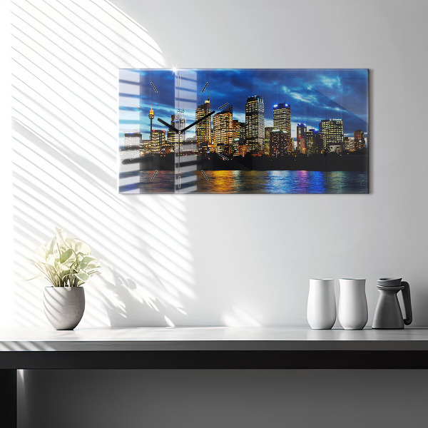 Glass wall clock rectangular Sydney In The Evening