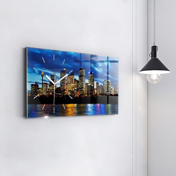 Glass wall clock rectangular Sydney In The Evening