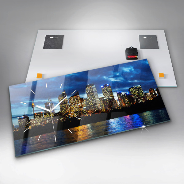 Glass wall clock rectangular Sydney In The Evening