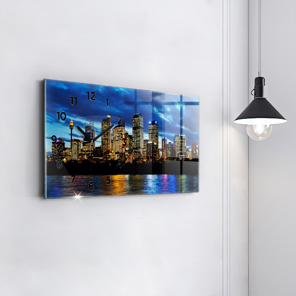 Glass wall clock rectangular Sydney In The Evening
