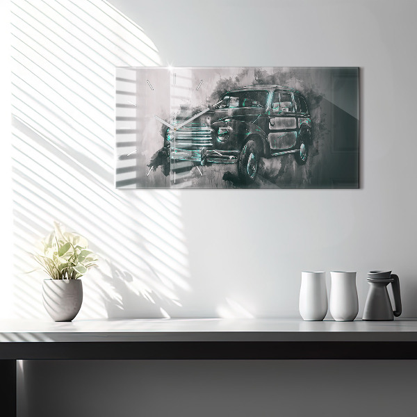Glass wall clock rectangular Old School Car