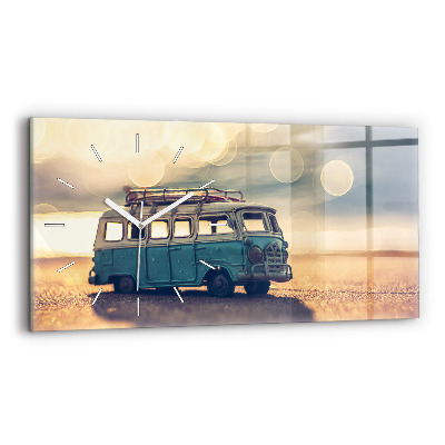 Glass wall clock rectangular Camper on the beach