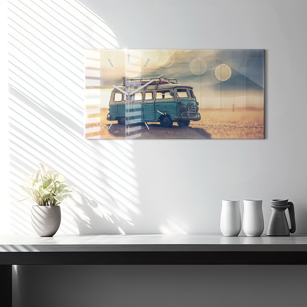 Glass wall clock rectangular Camper on the beach