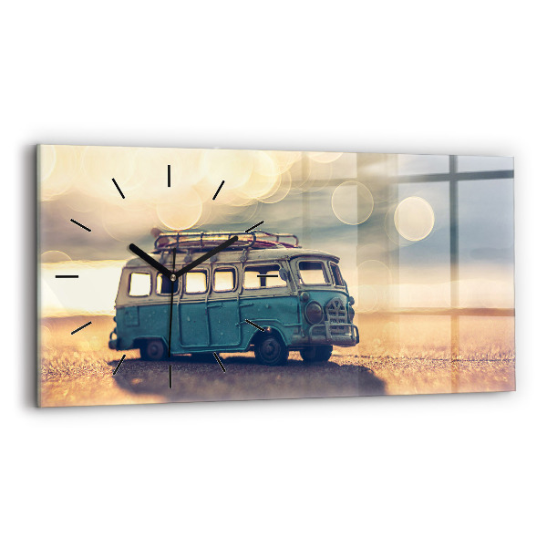 Glass wall clock rectangular Camper on the beach