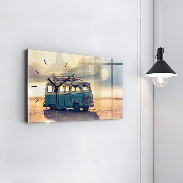 Glass wall clock rectangular Camper on the beach