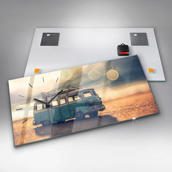 Glass wall clock rectangular Camper on the beach