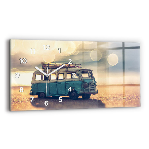 Glass wall clock rectangular Camper on the beach