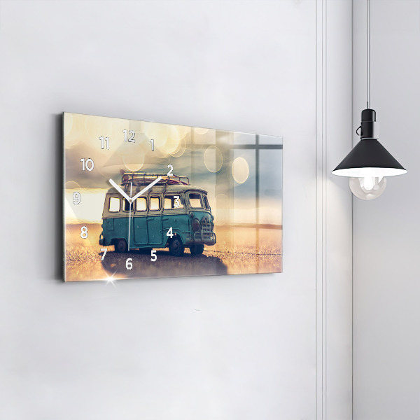 Glass wall clock rectangular Camper on the beach