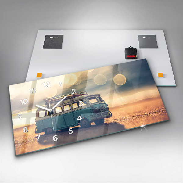 Glass wall clock rectangular Camper on the beach