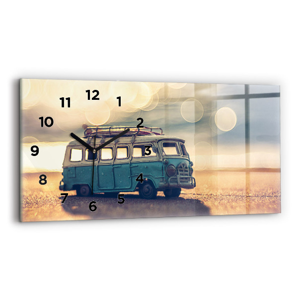 Glass wall clock rectangular Camper on the beach