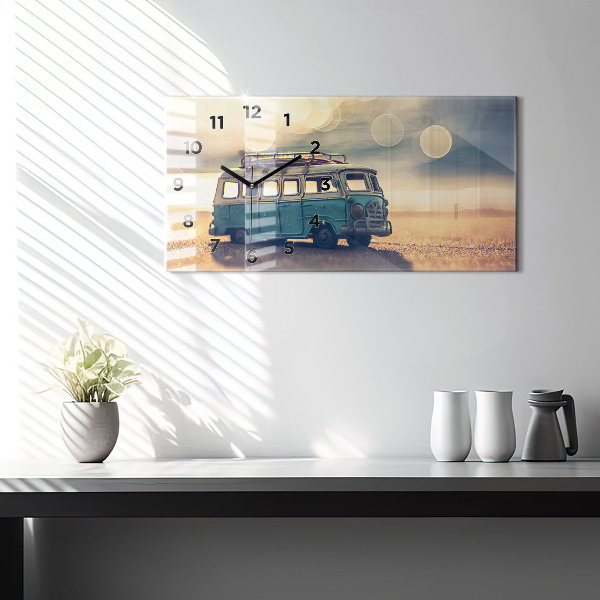 Glass wall clock rectangular Camper on the beach