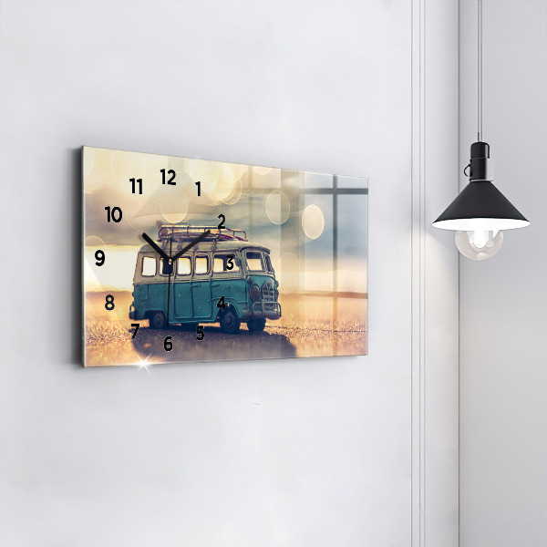 Glass wall clock rectangular Camper on the beach