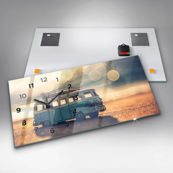 Glass wall clock rectangular Camper on the beach