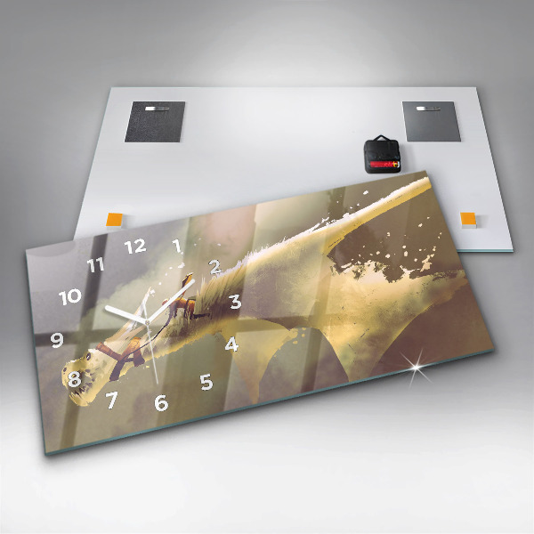 Glass wall clock rectangular Dragon Rider Illustration