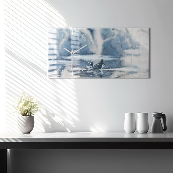 Glass wall clock rectangular Winter Lake Łódka