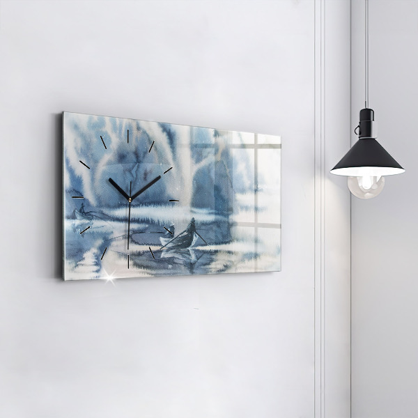 Glass wall clock rectangular Winter Lake Łódka