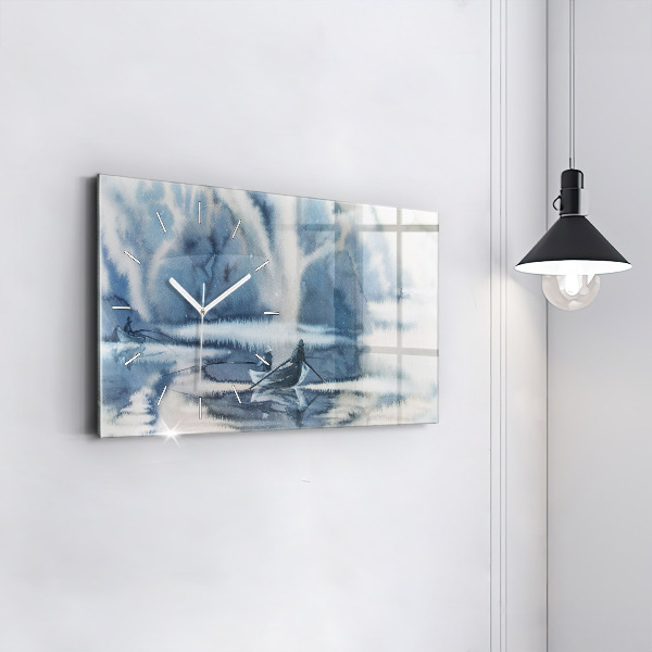 Glass wall clock rectangular Winter Lake Łódka