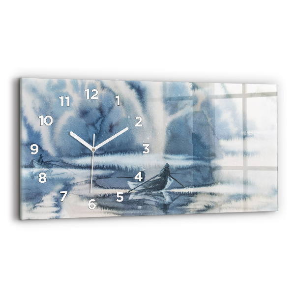 Glass wall clock rectangular Winter Lake Łódka