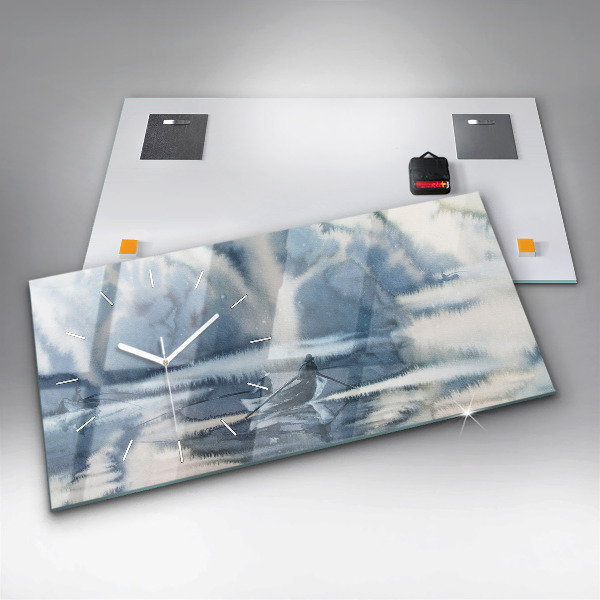 Glass wall clock rectangular Winter Lake Łódka