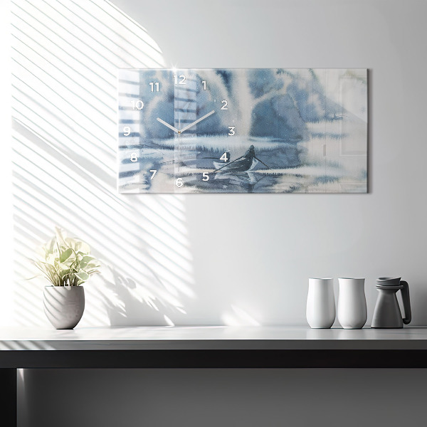 Glass wall clock rectangular Winter Lake Łódka