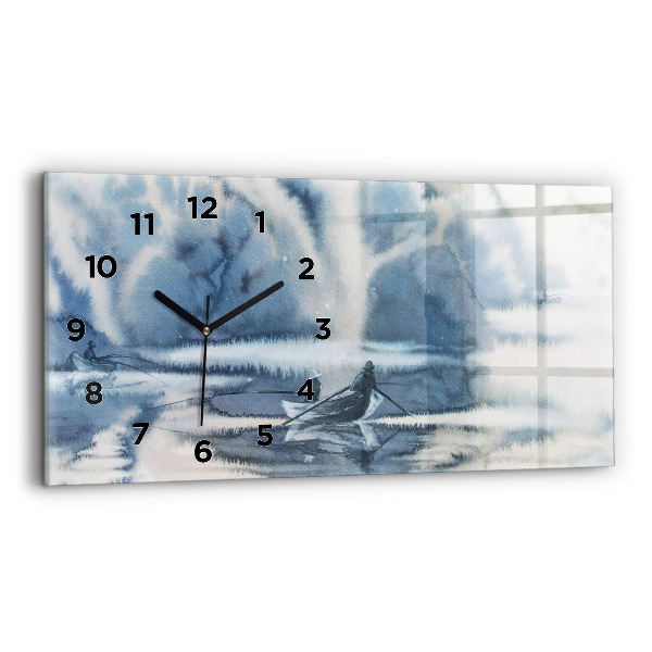 Glass wall clock rectangular Winter Lake Łódka