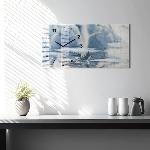 Glass wall clock rectangular Winter Lake Łódka