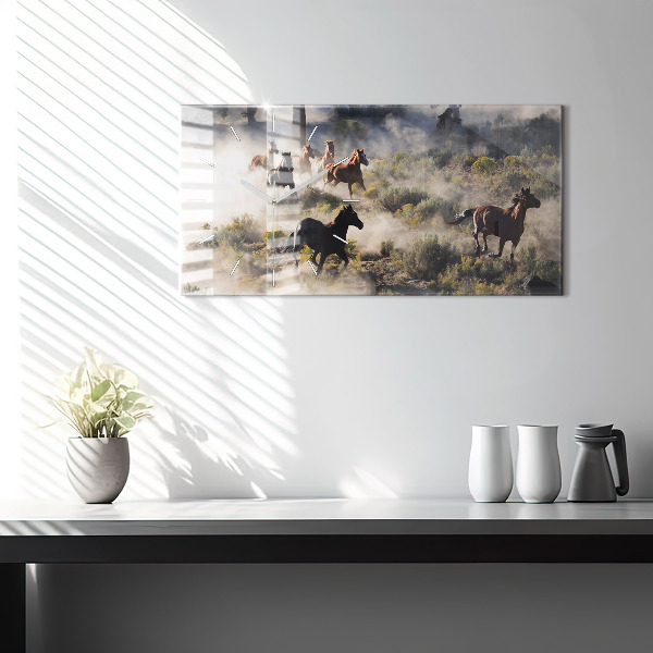 Glass wall clock rectangular A herd of rushing horses