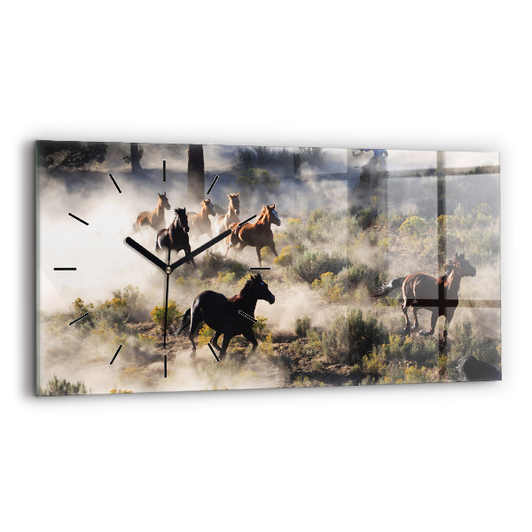 Glass wall clock rectangular A herd of rushing horses