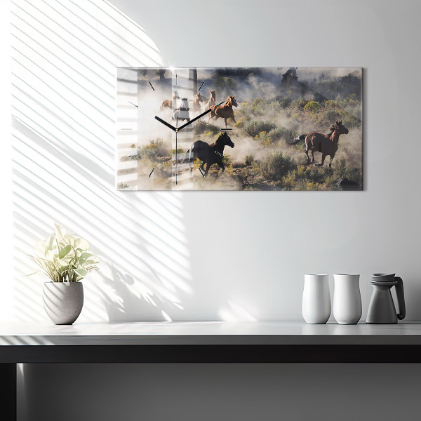 Glass wall clock rectangular A herd of rushing horses