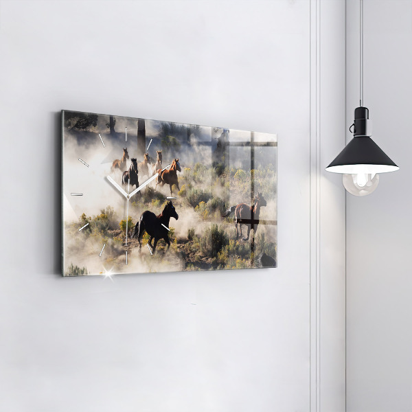 Glass wall clock rectangular A herd of rushing horses
