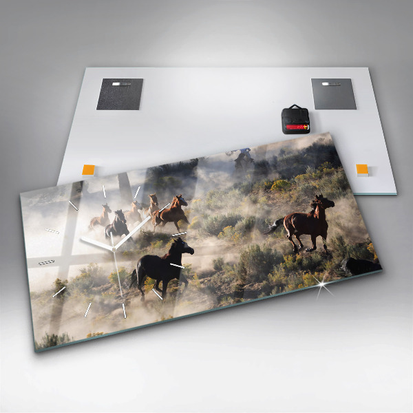 Glass wall clock rectangular A herd of rushing horses