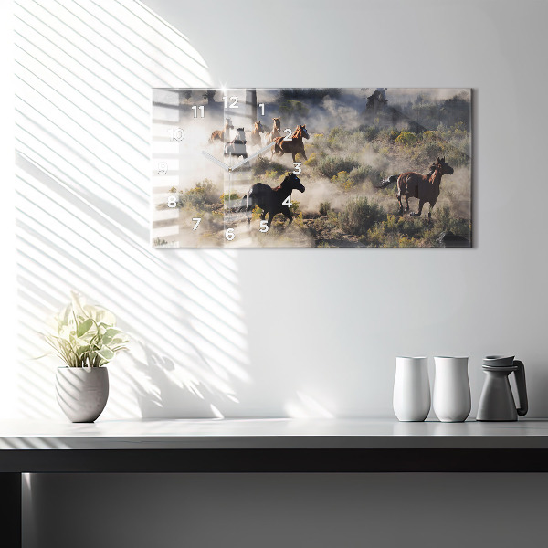 Glass wall clock rectangular A herd of rushing horses