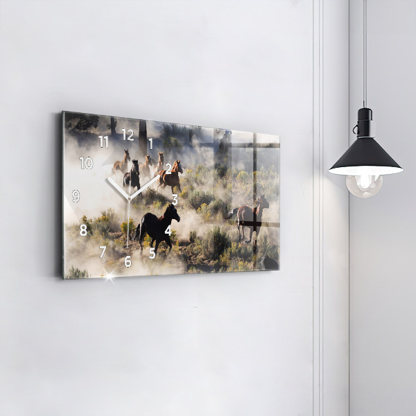 Glass wall clock rectangular A herd of rushing horses