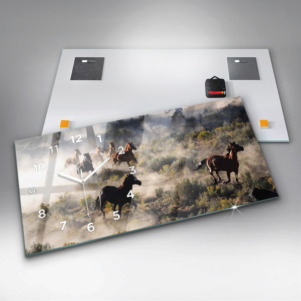 Glass wall clock rectangular A herd of rushing horses
