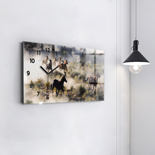 Glass wall clock rectangular A herd of rushing horses