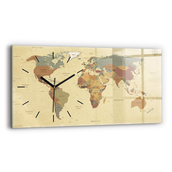 Glass wall clock rectangular Vintage World Map