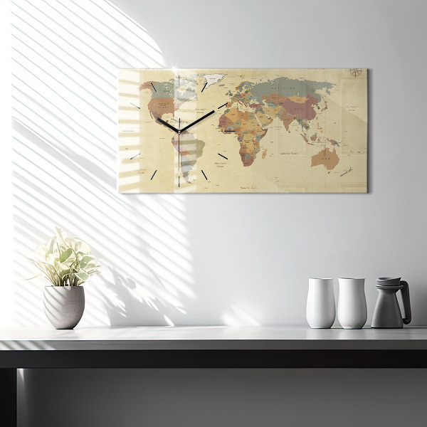 Glass wall clock rectangular Vintage World Map