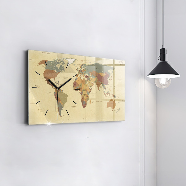 Glass wall clock rectangular Vintage World Map