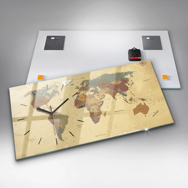 Glass wall clock rectangular Vintage World Map