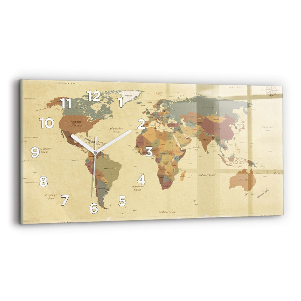 Glass wall clock rectangular Vintage World Map