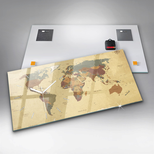 Glass wall clock rectangular Vintage World Map