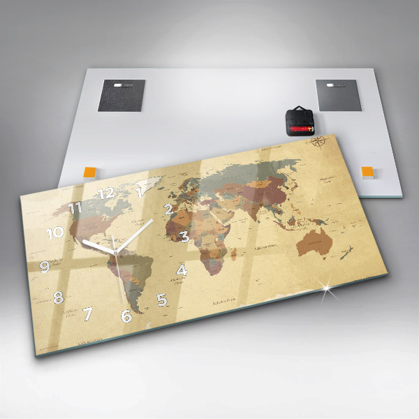 Glass wall clock rectangular Vintage World Map