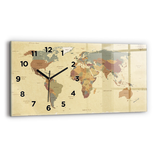 Glass wall clock rectangular Vintage World Map