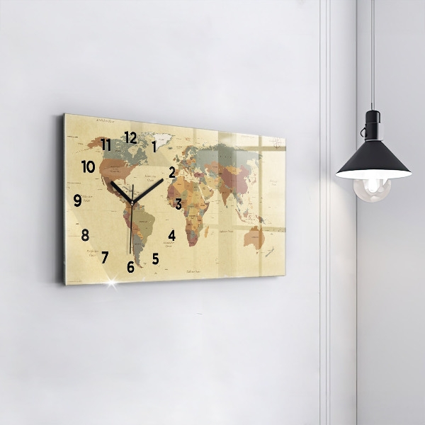 Glass wall clock rectangular Vintage World Map