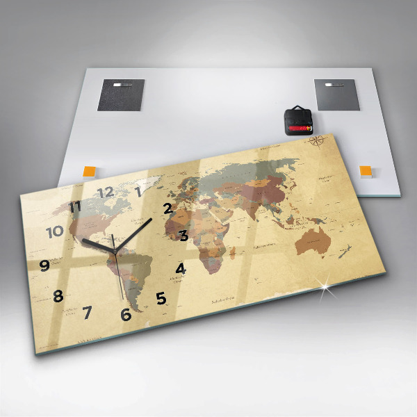 Glass wall clock rectangular Vintage World Map